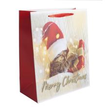 PAPIEROVÁ TAŠKA, MATNÁ, ZLATÉ TRBLIETKY, S NÁPISOM "MERRY CHRISTMAS", MAČIČKA, SANTOVSKÁ ČIAPKA, DARČEK