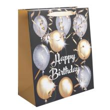 PAPIEROVÉ TAŠKY S MATNÝM NÁPISOM "HAPPY BITHDAY" NA ČIERNOM POZADÍ, ZLATÉ/STRIEBORNÉ BALÓNIKY