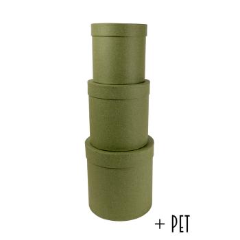 SADA PAPIEROVÝCH KRABÍC S PLASTOVOU VLOŽKOU, 3 KUSY, OKRÚHLE, KRAFTOVO ZELENÉ