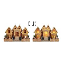 DEKORATÍVNY OSVETLENÝ DREVENÝ DOMČEK SO ŠTYRMI VEŽAMI, 15 LED, HNEDÁ/ZLATÁ STRECHA